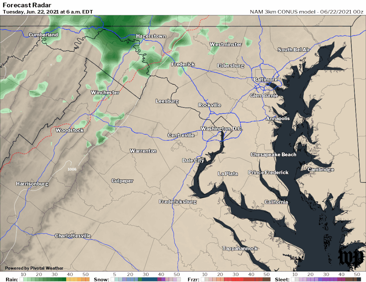 Forecast radar shows late morning into early afternoon today as the best chance for steadier, heavier rain in the DMV. (Pivotal Weather/CWG)