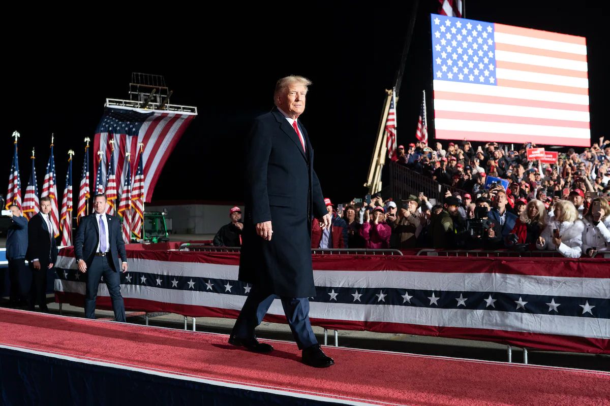 Former president Donald Trump speaks to the crowd at Monday's rally at the Dayton International Airport in Vandalia, Ohio. (Sarah L. Voisin/The Washington Post)