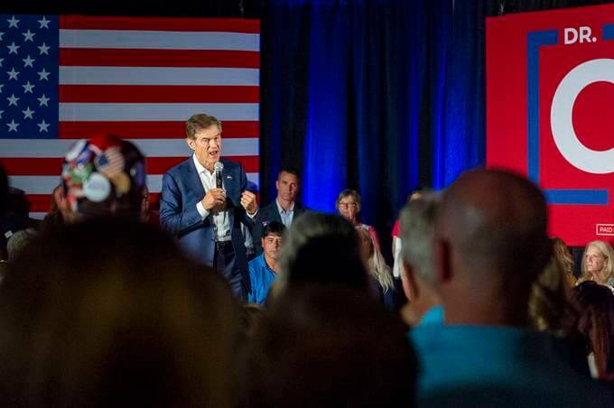 Republican Senate nominee Mehmet Oz speaks to supporters at a rally on June 13 at Level 20 Restaurant, Bar, &amp; Banquet in Bethel Park, Pa. (Ariana Shchuka/Pittsburgh Post-Gazette via AP)