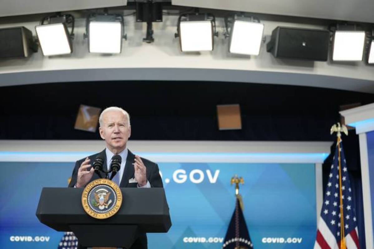 President Joe Biden speaks in the South Court Auditorium on the White House campus, Wednesday, March 30, 2022, in Washington. (AP Photo/Patrick Semansky)