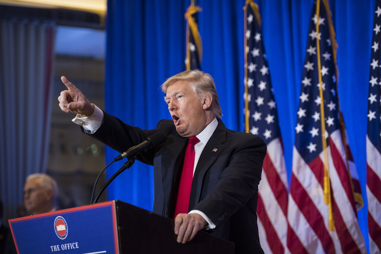 Trump holds a press conference last week. (Jabin Botsford/The Washington Post)</p>  