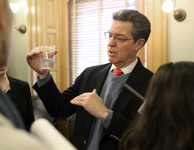 Kansas Gov. Sam Brownback answers questions from the media in Topeka. (Thad Allton/The Topeka Capital-Journal via AP)</p>