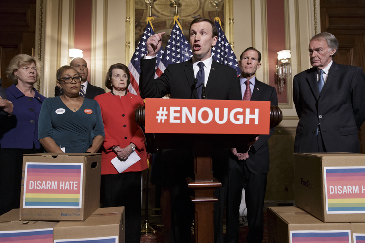 Democratic senators call for gun control legislation.&nbsp;Rev. Sharon Risher, a clinical trauma chaplain in Dallas, who lost her mother and two cousins in the Charleston church&nbsp;shooting, joined the Thursday press conference.&nbsp;(AP Photo/J. Scott Applewhite)</p>  