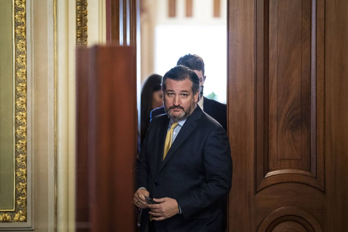 Sen. Ted Cruz (R-Texas) walks out of a meeting room for the lawyers of former president Donald Trump on Feb 12, 2021, the fourth day of Trump's Senate Impeachment trial. (Jabin Botsford/The Washington Post)
