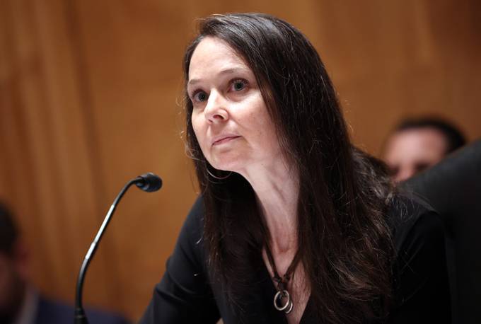 Jen Easterly, nominee to be the Director of the Cybersecurity and Infrastructure Security Agency, testifies during her confirmation hearing. (Photo by Kevin Dietsch/Getty Images)
