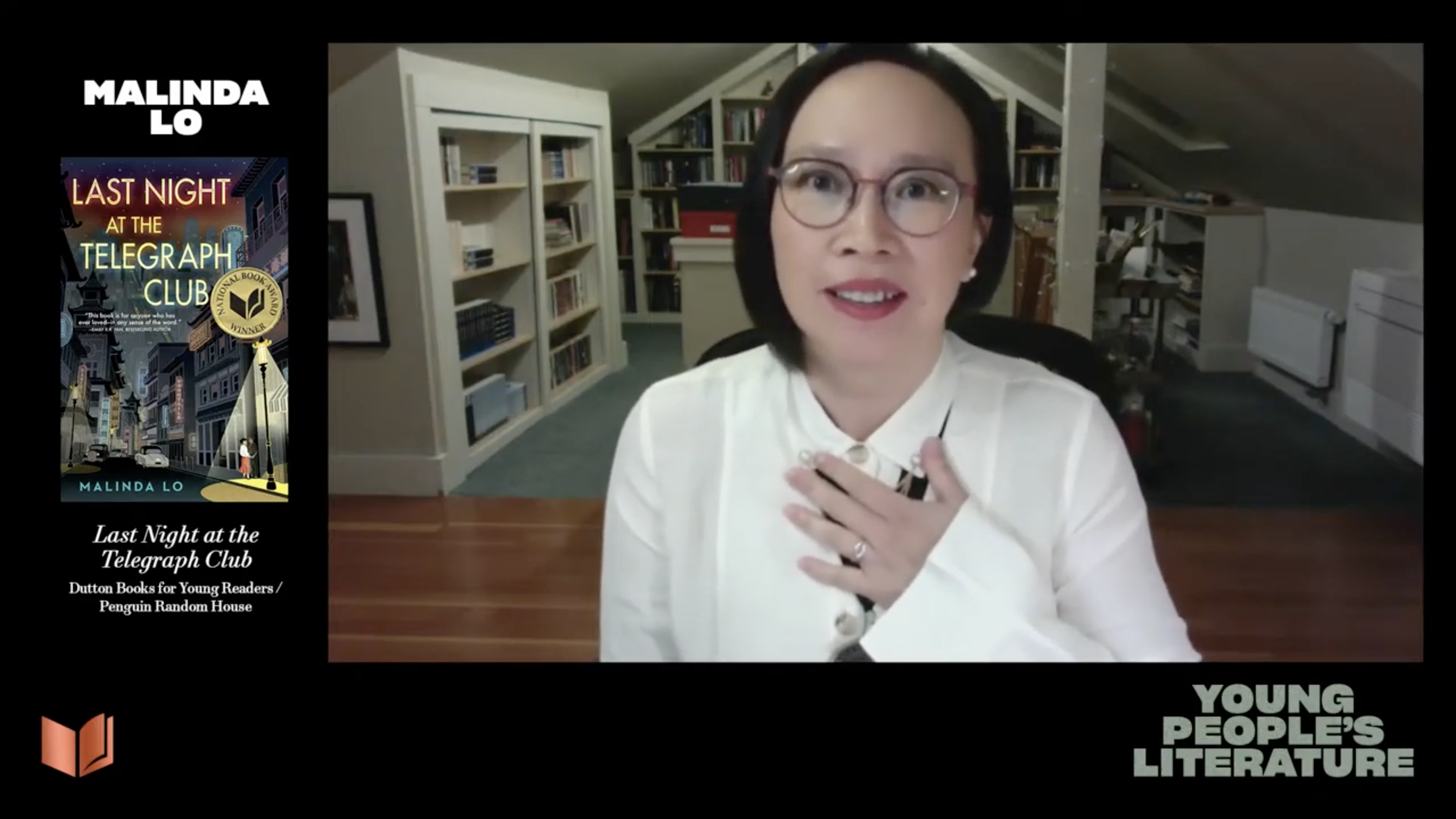 Malinda Lo accepted the National Book Award for Young People's Literature from her home, Nov. 17, 2021 (Screen shot)