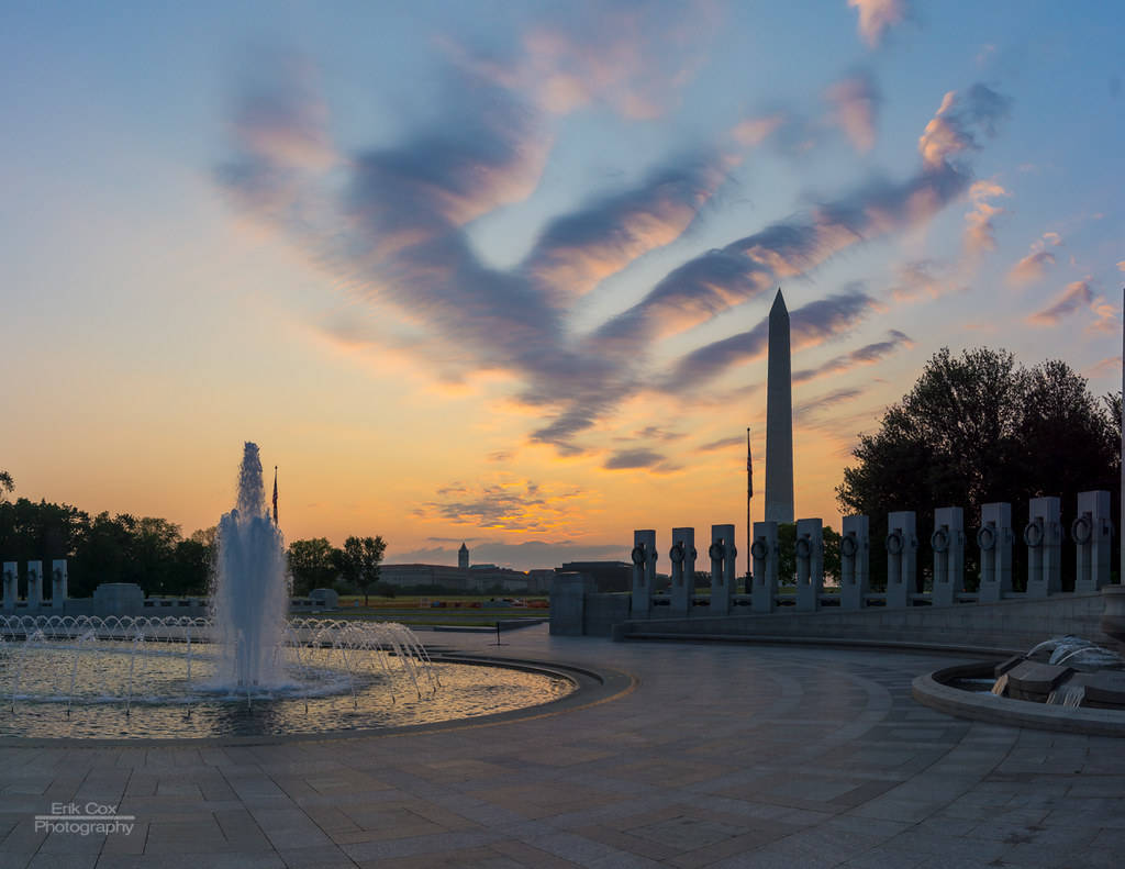 Tuesday's sunrise at the World War II Memorial in Washington.