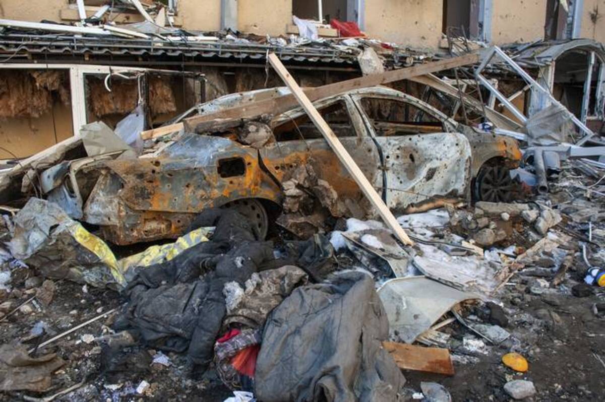 A vehicle destroyed by shelling in Kharkiv, Ukraine. (Andrew Marienko/AP)
