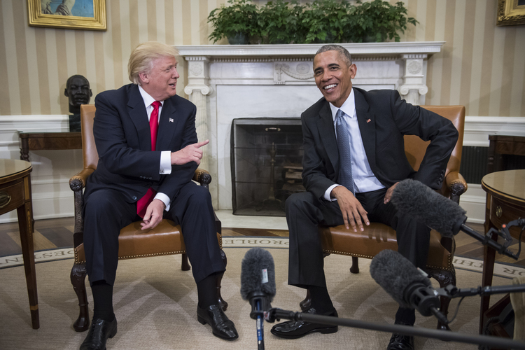 President Barack Obama and President-elect Donald Trump talk to members of the media during a meeting in the Oval Office. (Jabin Botsford)</p>  