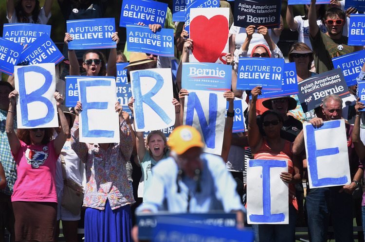 Bernie Sanders speaks at a community center&nbsp;in Palo Alto, California, yesterday.&nbsp;(Photo by Matt McClain/The Washington Post)</p>  