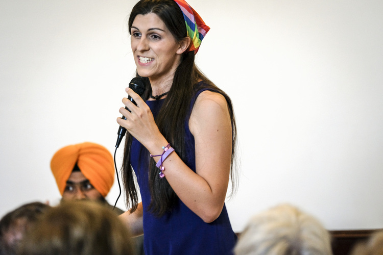 Danica Roem makes her pitch to voters in Manassas, Va. on June 2. (J. Lawler Duggan/The Washington Post)</p>  