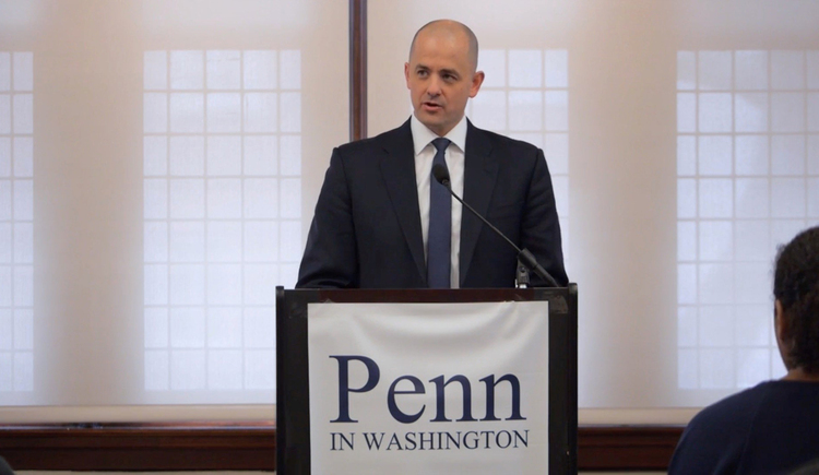 Evan McMullin spoke to U Penn&nbsp;students in Washington.&nbsp;(Photo from Penn)</p>  