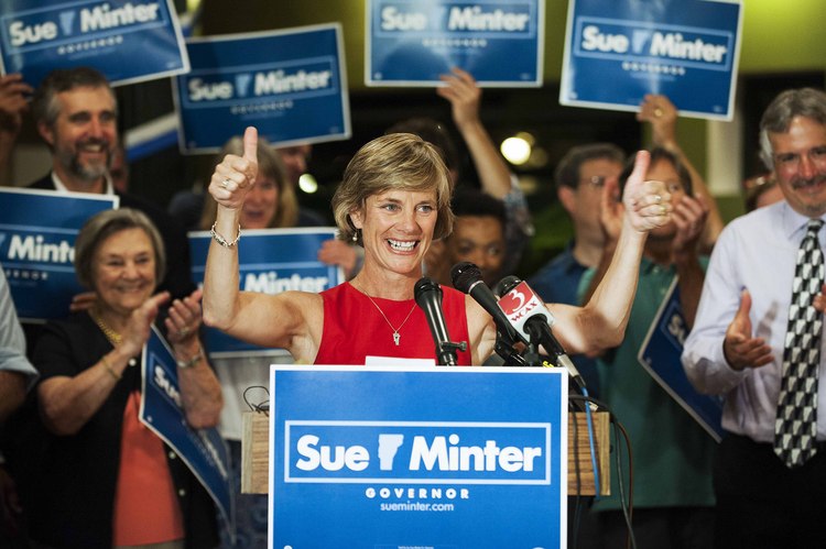 Sue Minter celebrates in Burlington Vt., last night after winning a three-way Democratic primary in the governor's race.&nbsp;She will face Republican Lt. Gov. Phil Scott in November.&nbsp;(Brian Jenkins/The Burlington Free Press via AP)</p>  