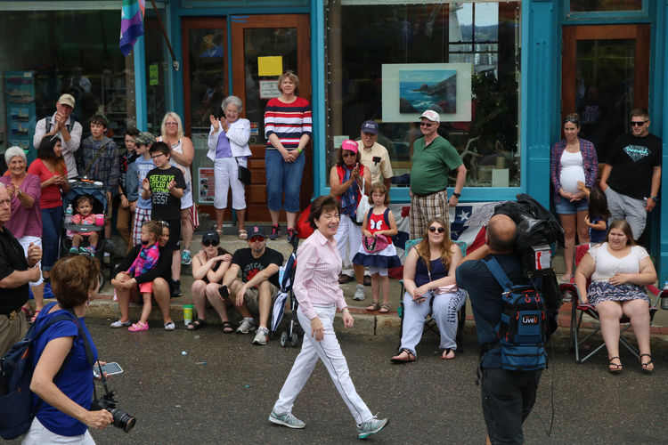 Susan Collins made her traditional visit yesterday to the Fourth of July parade in Eastport, Maine. (Murray Carpenter/The Washington Post)</p>