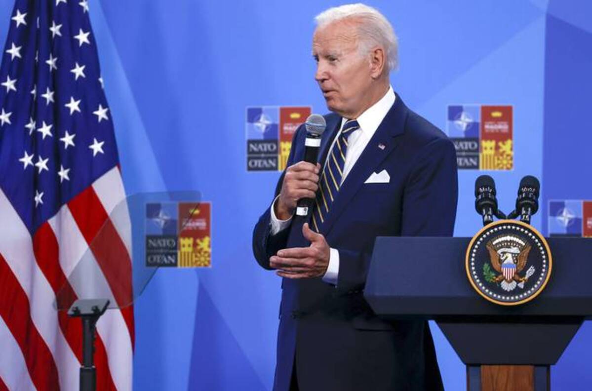 Biden addresses a news conference on the last day of the NATO summit in Madrid on Thursday. (Juan Carlos Hidalgo/EPA-EFE/Shutterstock)