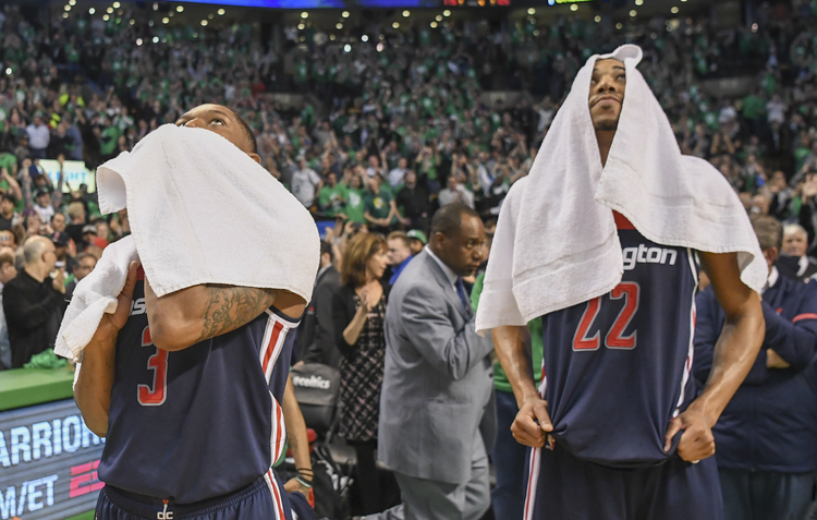 Bradley Beal and Otto Porter Jr. react as their season ends. (Jonathan Newton/The Washington Post)</p>  