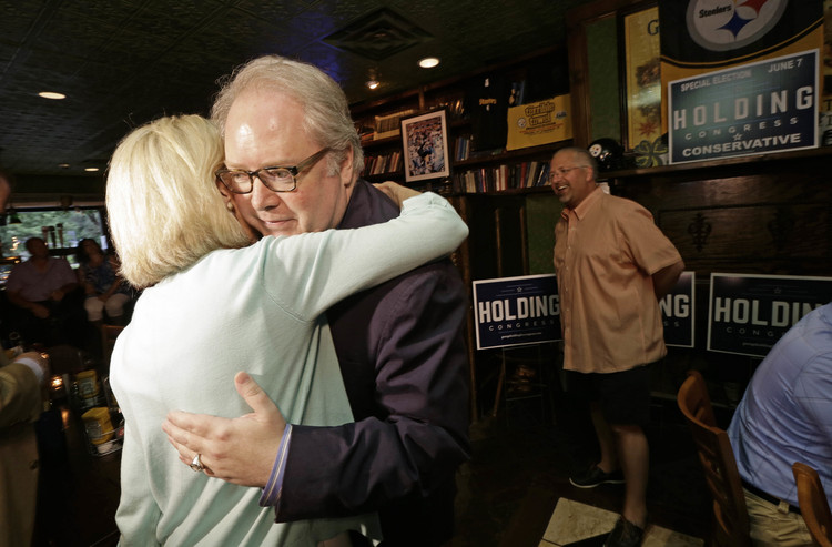 Rep. George Holding (R-N.C.) celebrates his primary victory&nbsp;in Raleigh.&nbsp;(AP Photo/Gerry Broome)</p>  