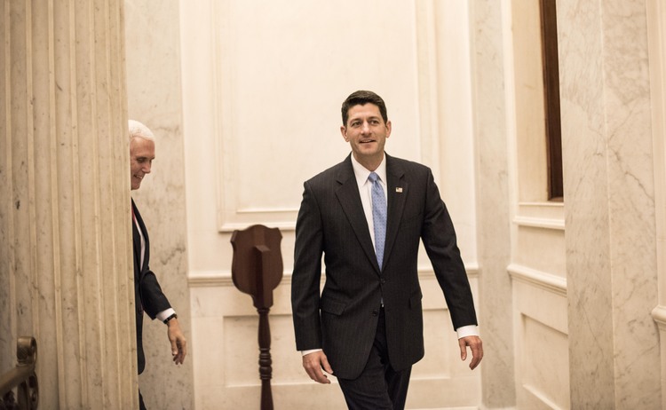 Paul Ryan walks with Mike Pence to the Speaker's office last week. (Melina Mara/The Washington Post)</p>  