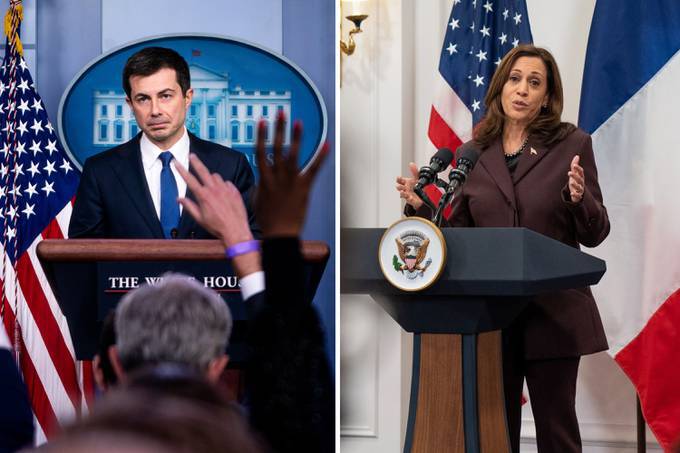LEFT: Reporters raise their hands with questions for United States Secretary of Transportation Pete Buttigieg during a news briefing in the James Brady Room at the White House. RIGHT: Vice President Harris speaks to American and French reporters during a news conference. (Demetrius Freeman/The Washington Post; Sarahbeth Maney/Pool)