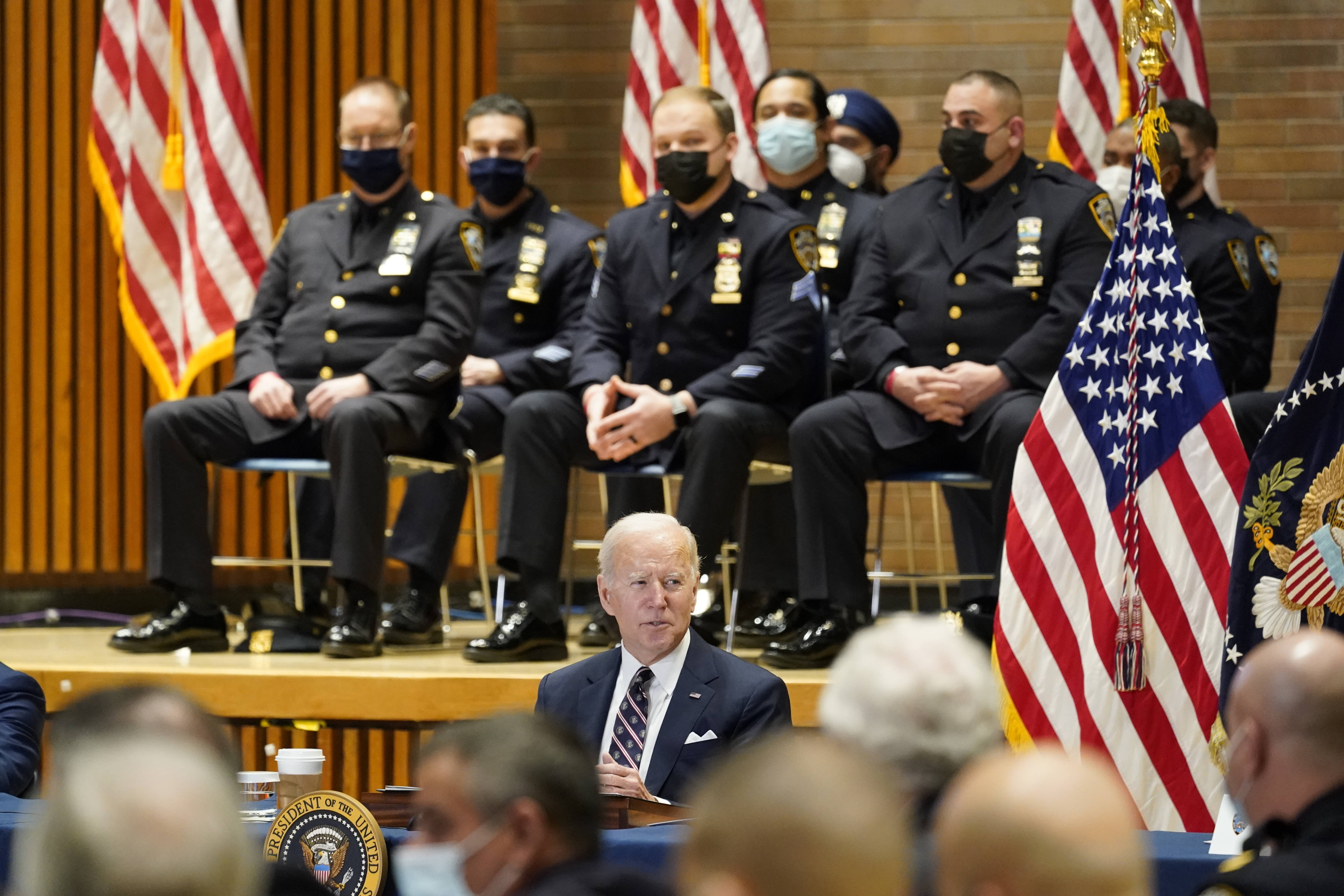 President Biden speaks at police headquarters in New York City on Thursday. (Alex Brandon/AP)