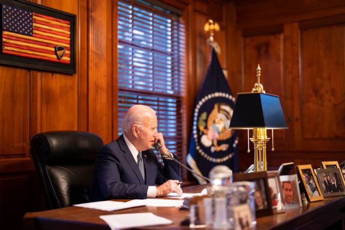 President Biden speaking on the phone with Russian President Vladimir Putin from his residence in Wilmington, Delaware. Photo by Adam Schultz/The White House.