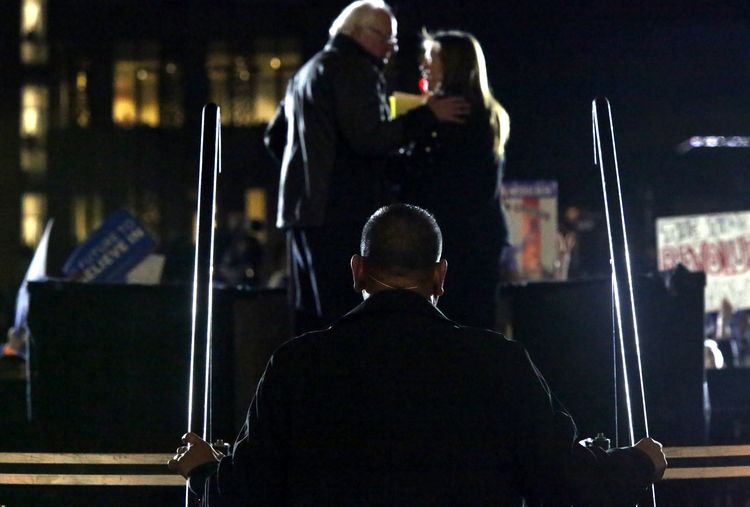 Bernie and Jane Sanders wave goodbye to a crowd in Manhattan last month.&nbsp;(Photo by Yana Paskova/For The Washington Post)</p>  