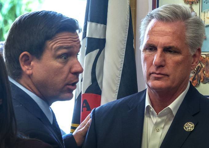 Florida's Governor Ron DeSantis speaks with the House Minority Leader Kevin McCarthy during a meeting with members of the Cuban exile in Miami in Hialeah Gardens, Florida on Thursday. Mandatory Credit: Photo by CRISTOBAL HERRERA-ULASHKEVICH/EPA-EFE/Shutterstock