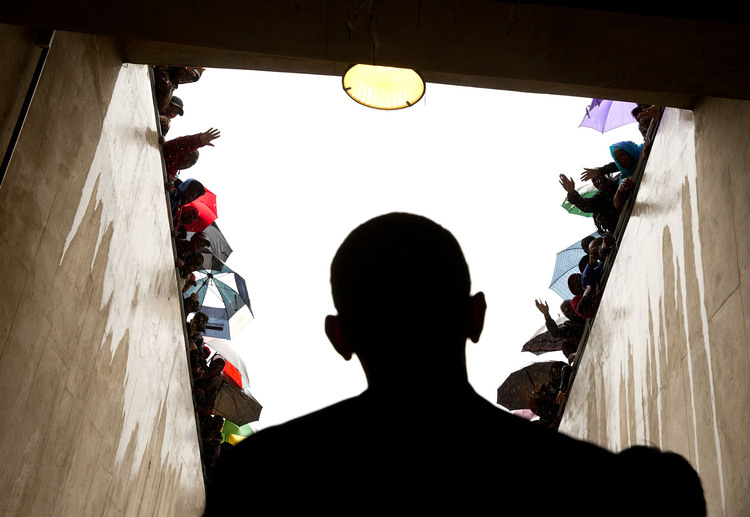 Then-President Obama waits to speak at Nelson Mandela's memorial service in Johannesburg. (White House Photo by Pete Souza)</p>  