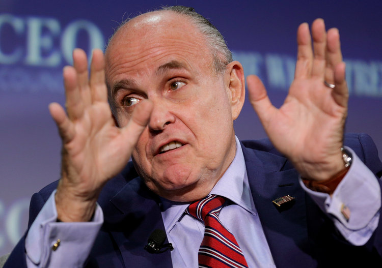Rudy Giuliani speaks last night at the Wall Street Journal CEO Council in the Four Seasons in Washington. (Joshua Roberts/Reuters)</p>  