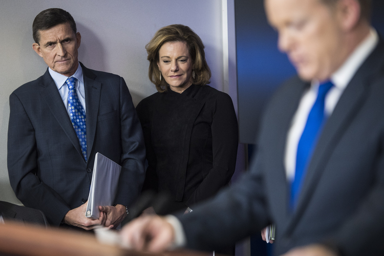 Michael Flynn listens during a White House press briefing in February. (Jabin Botsford/The Washington Post)</p>  