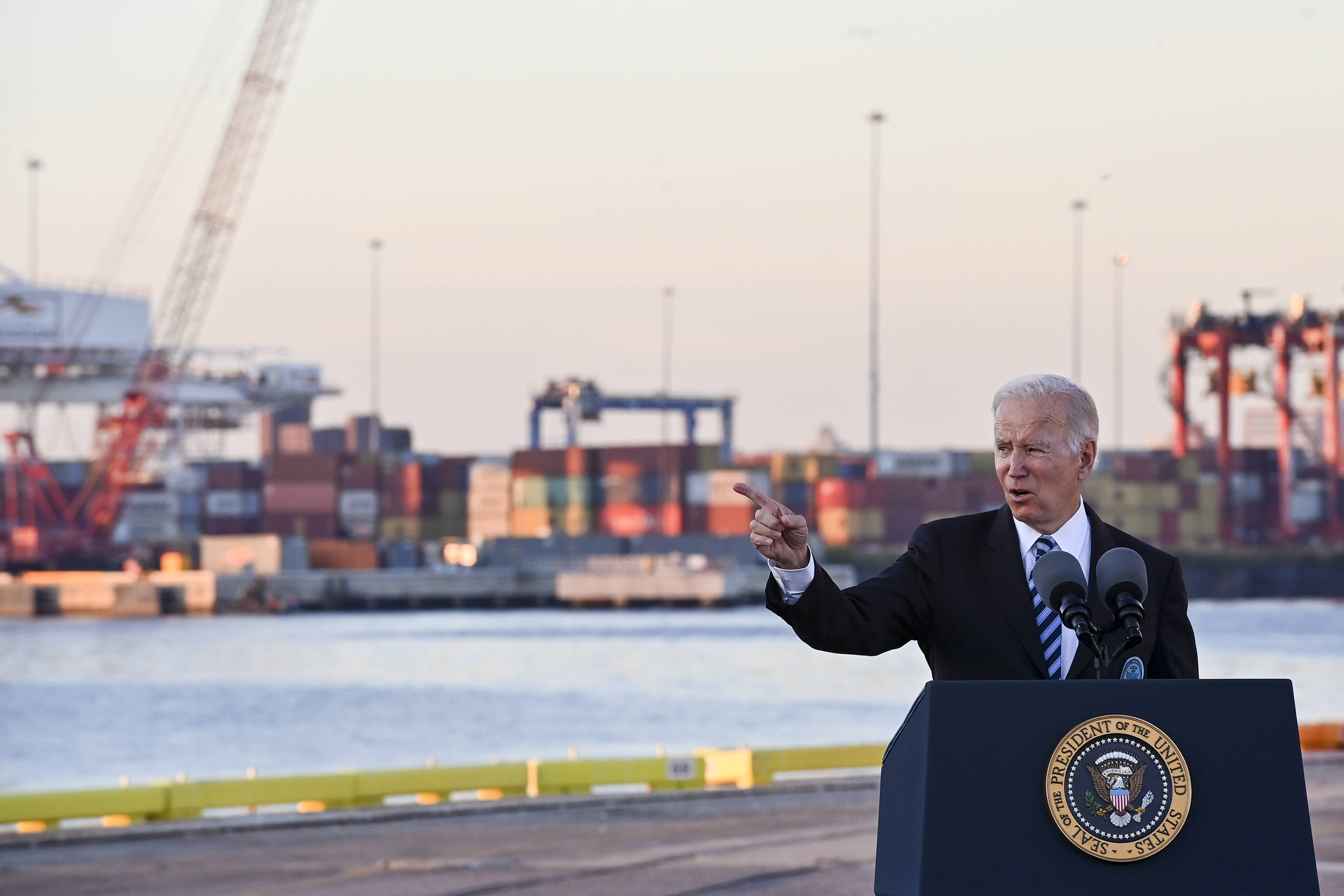 President Biden speaks about the infrastructure bill in Baltimore on Wednesday. (Ricky Carioti/The Washington Post)