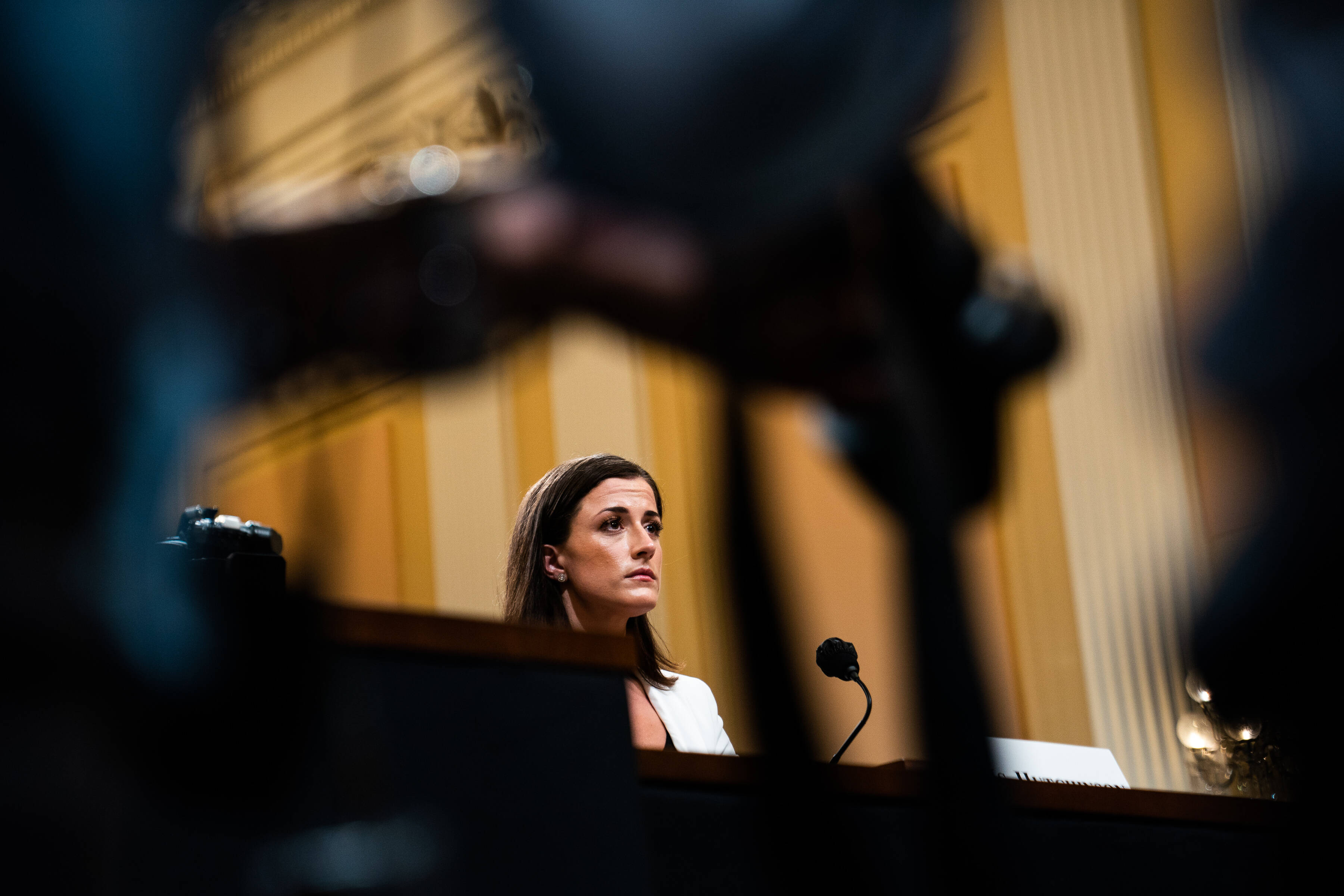 Cassidy Hutchinson, an aide to Trump White House chief of staff Mark Meadows, testifies Tuesday. (Demetrius Freeman/The Washington Post)