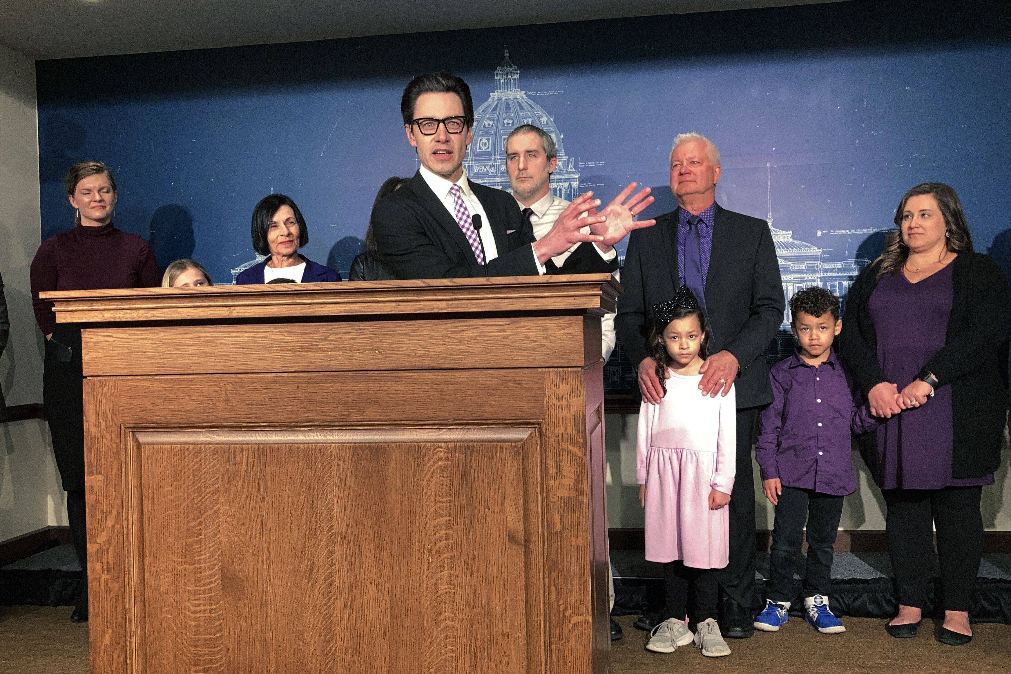 Cory Hepola discusses his candidacy for governor at the Minnesota Capitol in St. Paul on March 2. (Steve Karnowski/AP)
