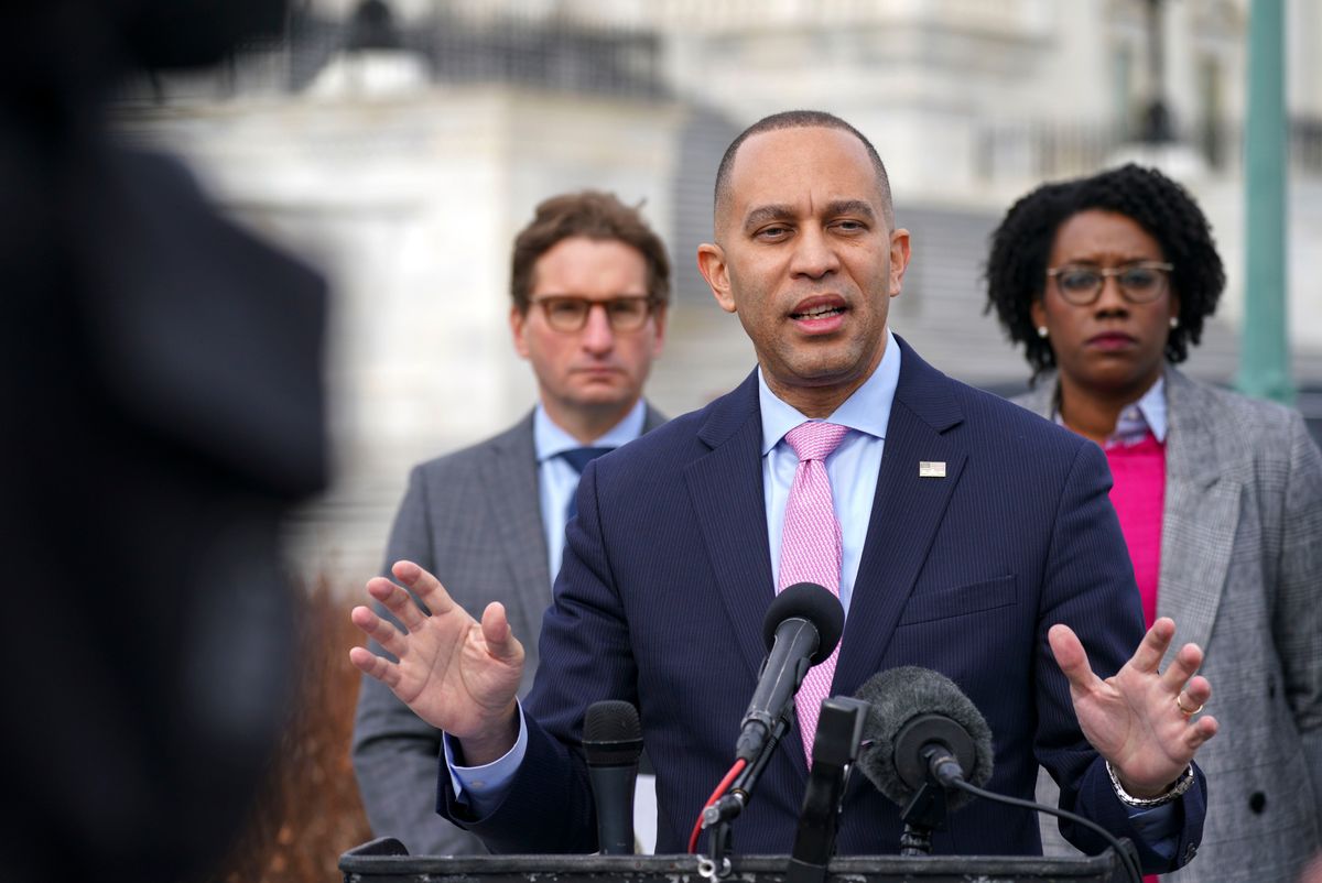 Democratic Leader Hakeem Jeffries (N.Y.) speaks outside the U.S. Capitol on Feb. 7. (Bonnie Jo Mount/The Washington Post)