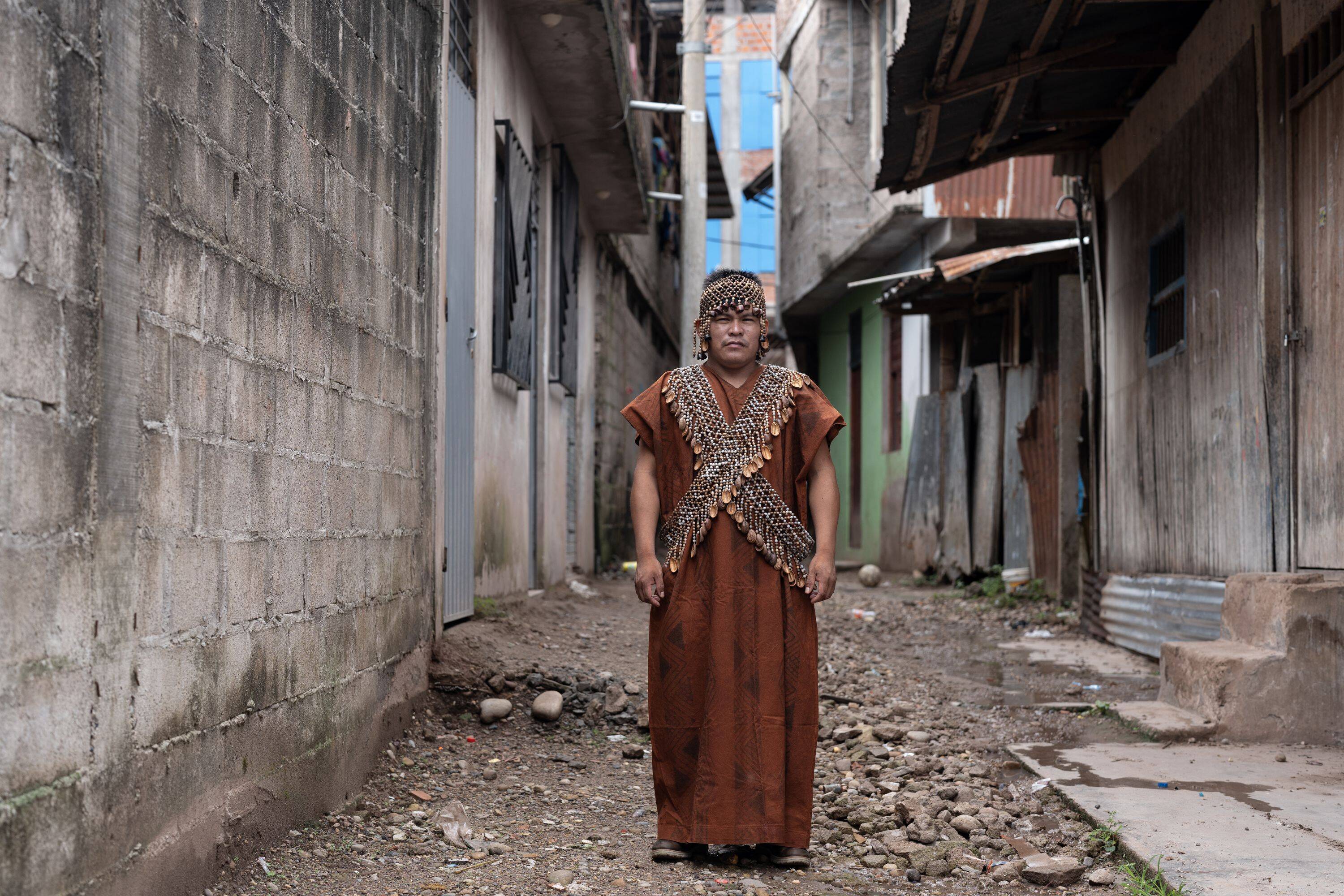 Herlin Odicio, 36, president of the Native Federation of Cacataibo Communities, in Aguaytía, Peru. (Angela Ponce for The Washington Post)