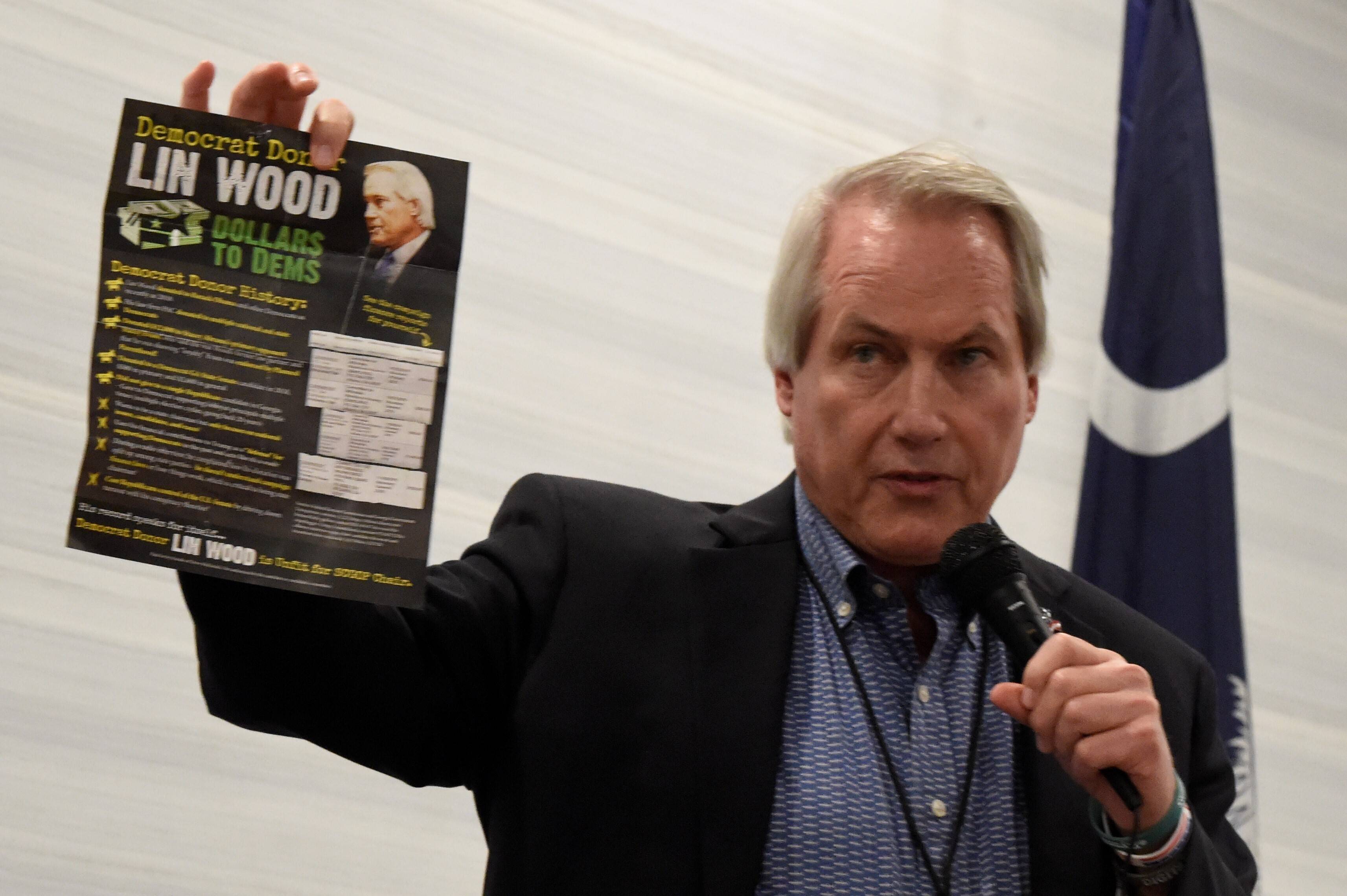 Pro-Trump attorney Lin Wood, then a candidate for chairman of the South Carolina Republican Party, campaigns in April. (Meg Kinnard/AP)