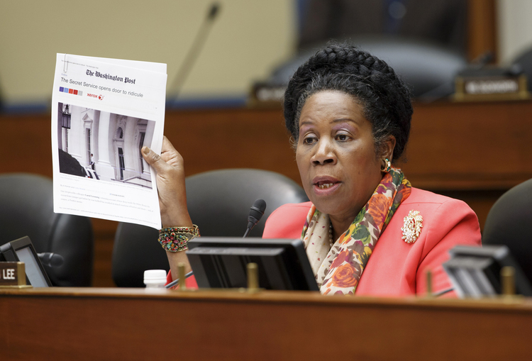 Rep. Sheila Jackson Lee (D-Texas) holds up an article from The Post during a 2014 hearing. (J. Scott Applewhite/AP)</p>