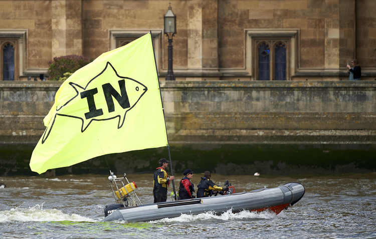 A boat flying a large "In" flag, campaigning to remain in the EU,&nbsp;sails by the British Houses of Parliament to meet a flotilla of boats from the group "Fishing for Leave"&nbsp;on the river Thames in London last week.&nbsp;A Brexit flotilla of fishing boats sailed up the Thames with foghorns sounding.&nbsp;(Niklas&nbsp;Halle'n/AFP/Getty Images)</p>  