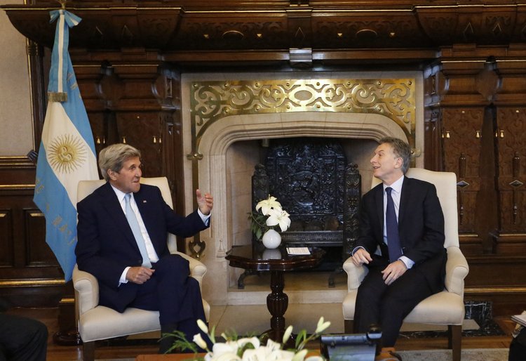 John Kerry&nbsp;talks to Argentina's President Mauricio Macri at "Casa Rosada"&nbsp;in Buenos Aires last week. The Secretary of State gave him a first look at internal communications that were released to the American public yesterday.&nbsp;(Jorge Saenz/AP)</p>  