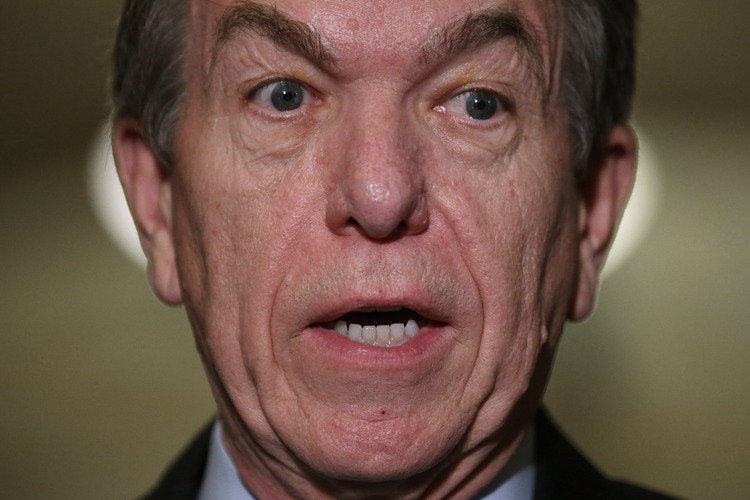 Sen. Roy Blunt (R-Mo.) talks with reporters after the weekly Republican Senate policy luncheon this spring. (Chip Somodevilla/Getty Images)</p>  
