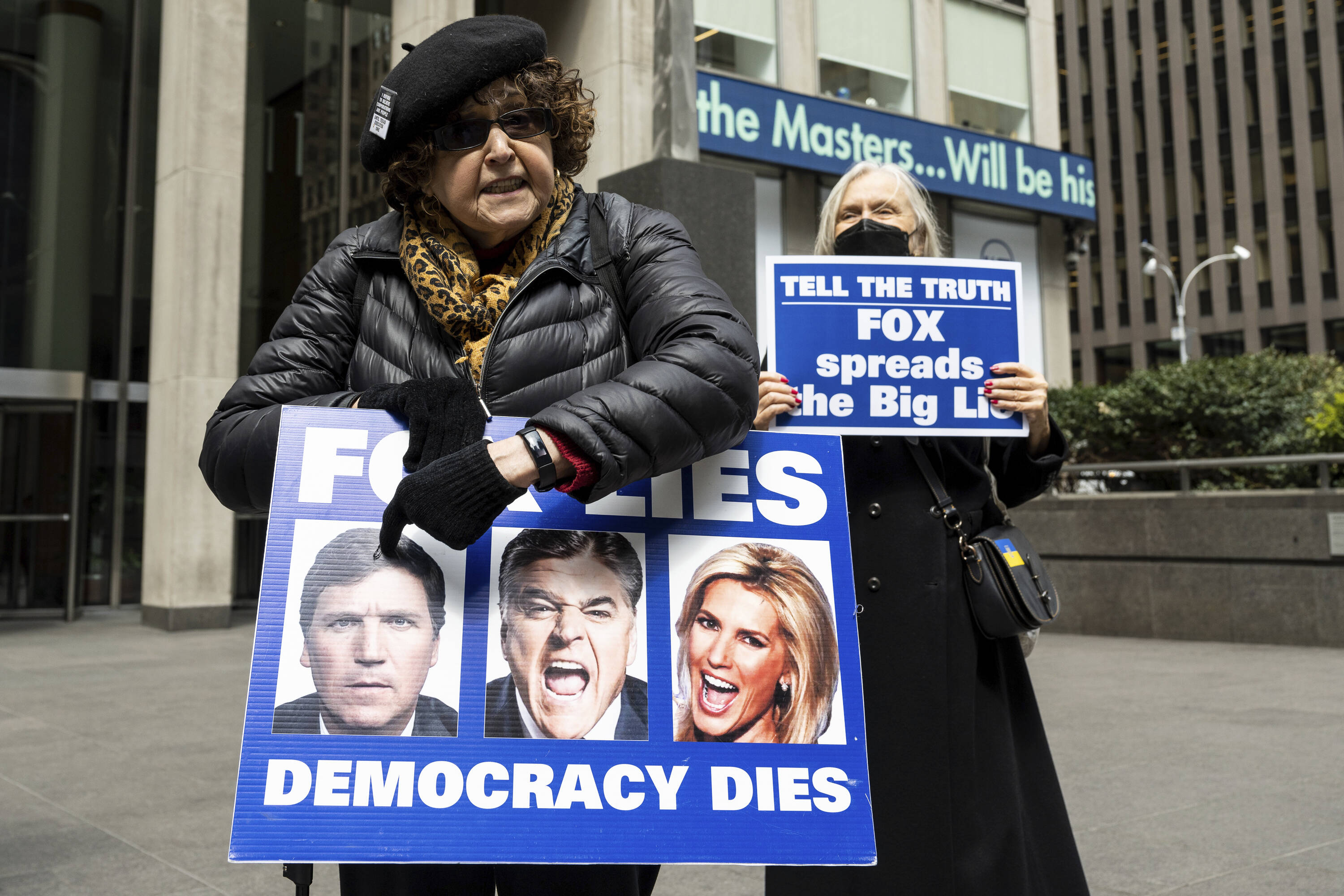 Protesters outside Fox News headquarters in New York this week. (Gabriele Holtermann/Sipa USA/AP)