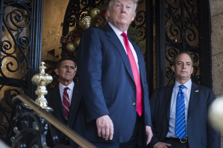 Trump, Michael Flynn and Reince Priebus at Mar-a-Lago on Dec. 21. (Jabin Botsford/The Washington Post)</p>