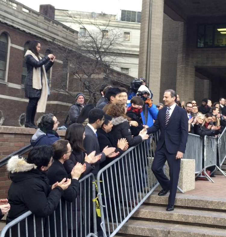 Preet Bharara thanks well-wishers outside the New York office where he worked until he was fired by Trump in March.&nbsp;(Larry Neumeister/AP)</p>  