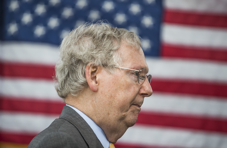 Mitch McConnell speaks to reporters in Bowling Green last week. (Austin Anthony/Daily News via AP)  