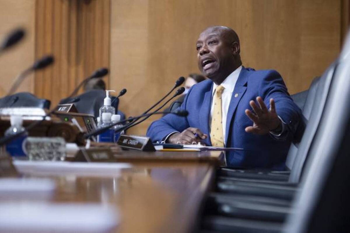 Sen. Tim Scott (R-S.C.) speaks during a Senate Finance Committee hearing. (Rod Lamkey/Pool via AP)