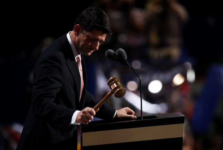 House Speaker Paul Ryan bangs the gavel ending the final day of the Republican National Convention. (Photo by Win McNamee/Getty Images)</p>  