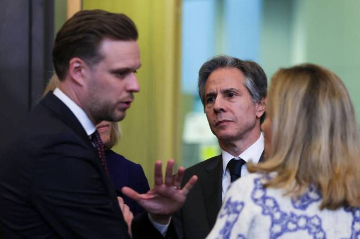 Secretary of State Antony Blinken attends a NATO foreign ministers meeting, amid Russia's invasion of Ukraine, at NATO headquarters in Brussels on Thursday. (Photo by EVELYN HOCKSTEIN/POOL/AFP via Getty Images)