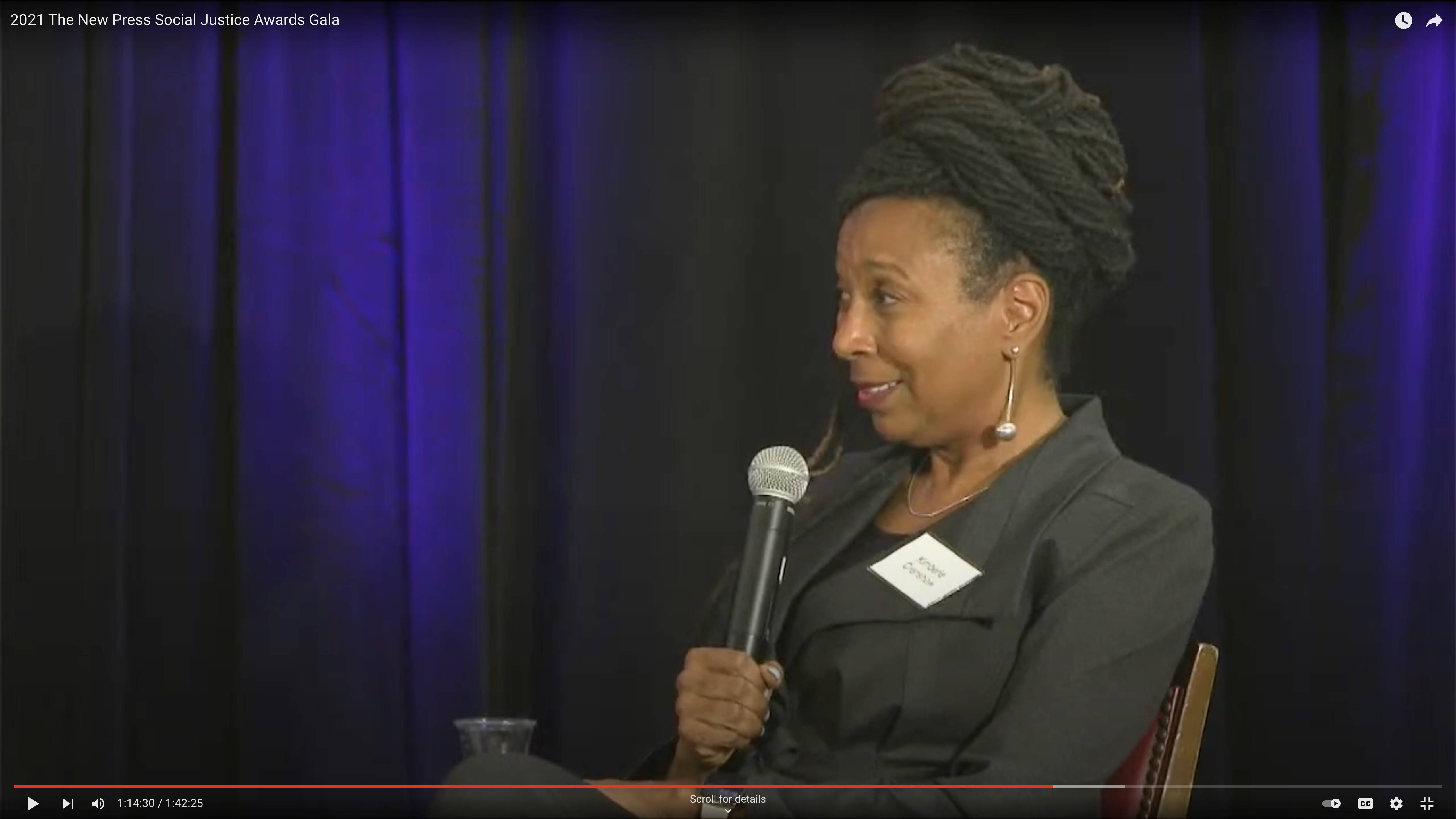 Kimberlé Crenshaw accepts the New Press Social Justice Award in New York on Nov. 9, 2021. (Screenshot)