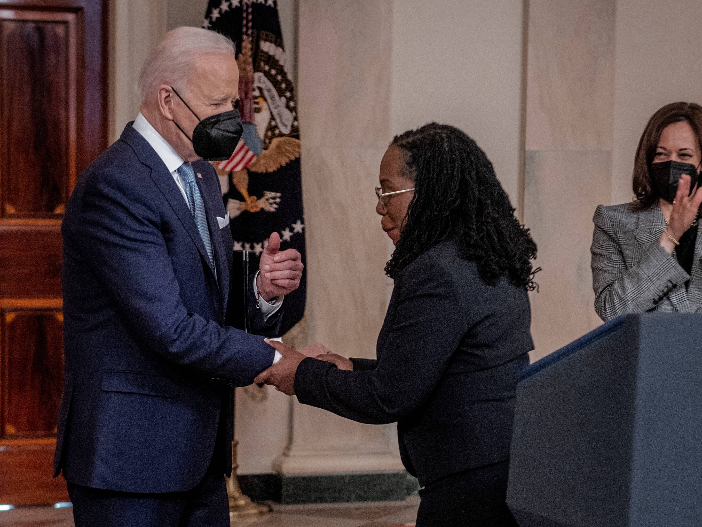 Biden, Supreme Court nominee Ketanji Brown Jackson and Vice President Harris on Friday. (Bill O'Leary/The Washington Post)