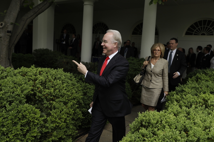 Tom Price arrives in the Rose Garden for last week's ceremony to celebrate the House passage of the health care bill. (Evan Vucci/AP)</p>  